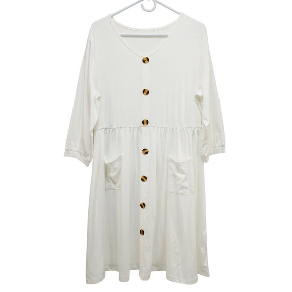 White Button-Down Midi Dress V-Neckline Three-Quarter Sleeves 2XL Womens - Picture 1 of 9